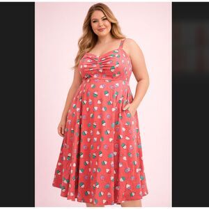 Torrid Cupcake Midi Dress 1X 14/16 Pink Sweetheart Poplin Pockets Retro Cottage